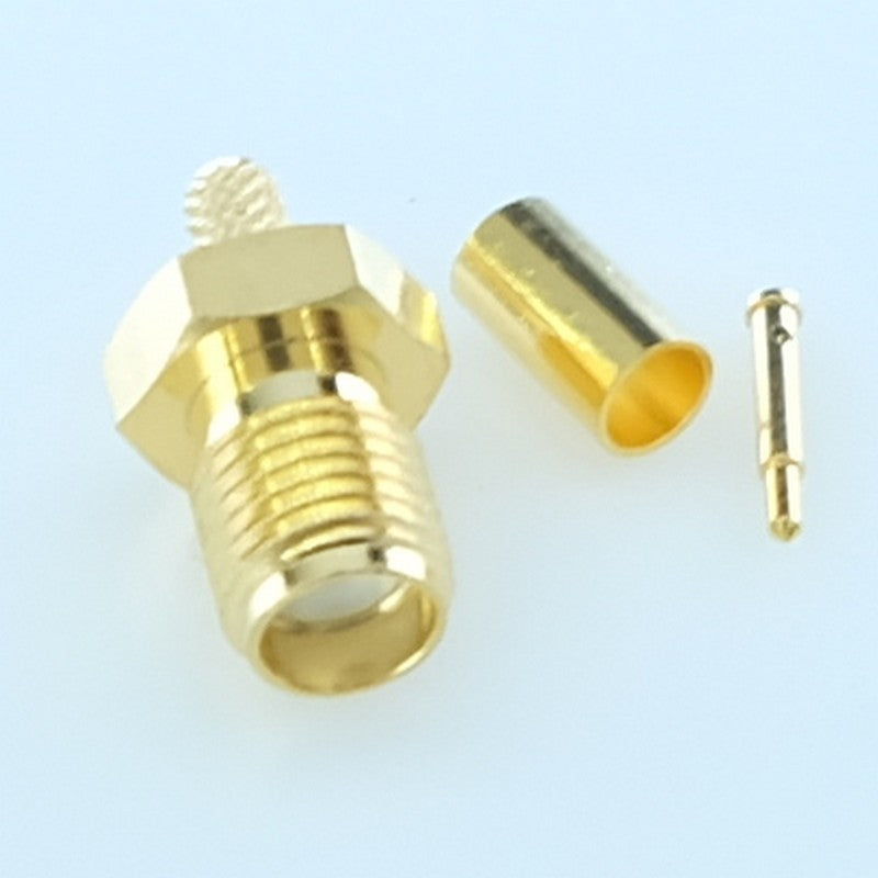 Fiche SMA inversée femelle droite à sertir pour câble RG174/RG316 50ohm dorée