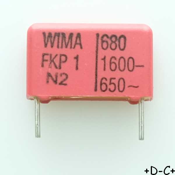 Condensateur impulsion FKP1 680pF 1600VDC 650VAC 5x11x18mm pas15 5% Wima