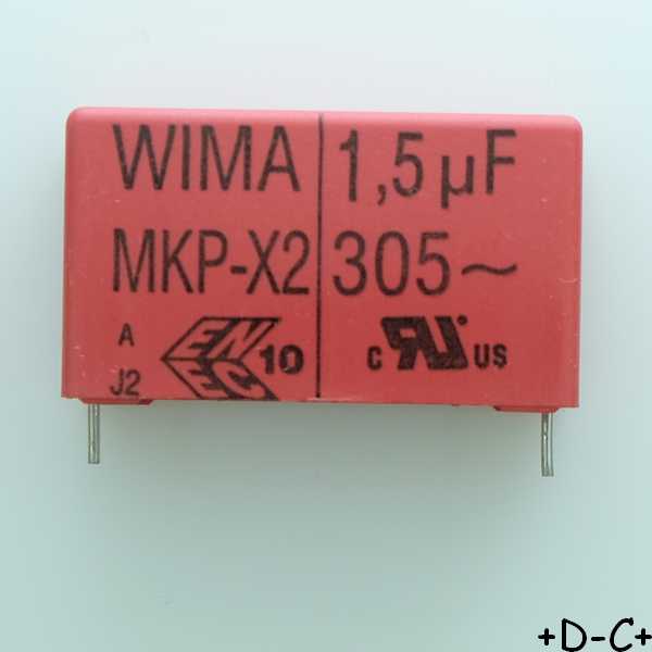 Condensateur film PP MKP-X2 1.5µF 305VAC 13x24x41.5mm pas37.5 10% Wima