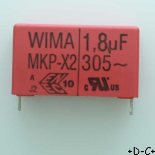 Condensateur film PP MKP-X2 1.8µF 305VAC 13x24x41.5mm pas37.5 10% Wima