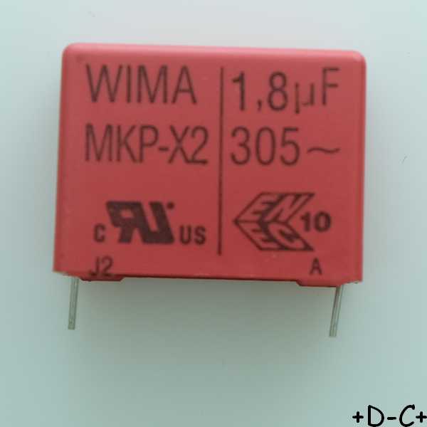 Condensateur film PP MKP-X2 1.8µF 305VAC 13x24x31.5mm pas27.5 10% Wima