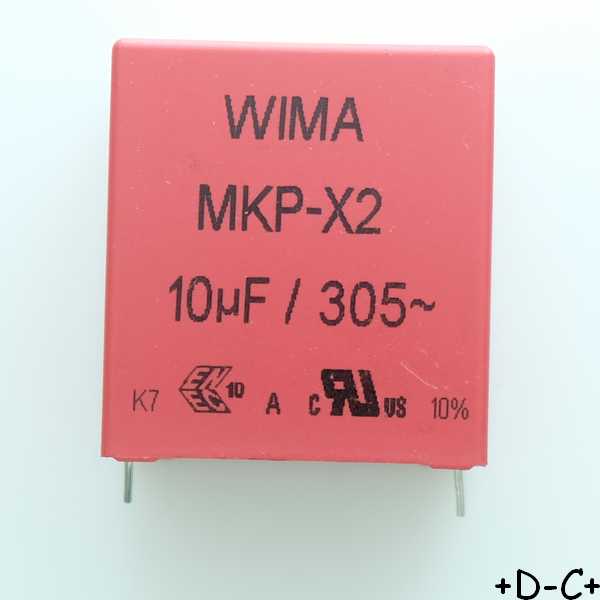 Condensateur film PP MKP-X2 10µF 305VAC 24x45.5x41.5mm pas37.5 10% Wima