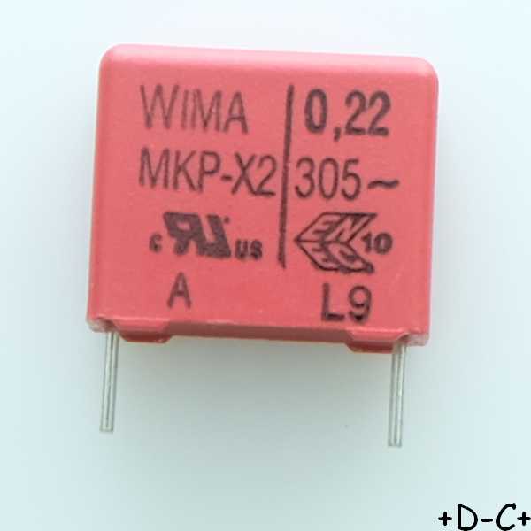 Condensateur film PP MKP-X2 220nF 305VAC 9x14x18mm pas15 10% Wima