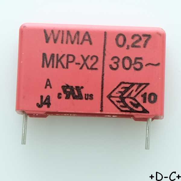Condensateur film PP MKP-X2 270nF 305VAC 7x16.5x26.5mm pas22.5 10% Wima