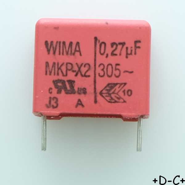Condensateur film PP MKP-X2 270nF 305VAC 8x15x18mm pas15 10% Wima
