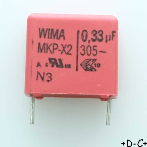 Condensateur film PP MKP-X2 330nF 305VAC 9x16x18mm pas15 10% Wima
