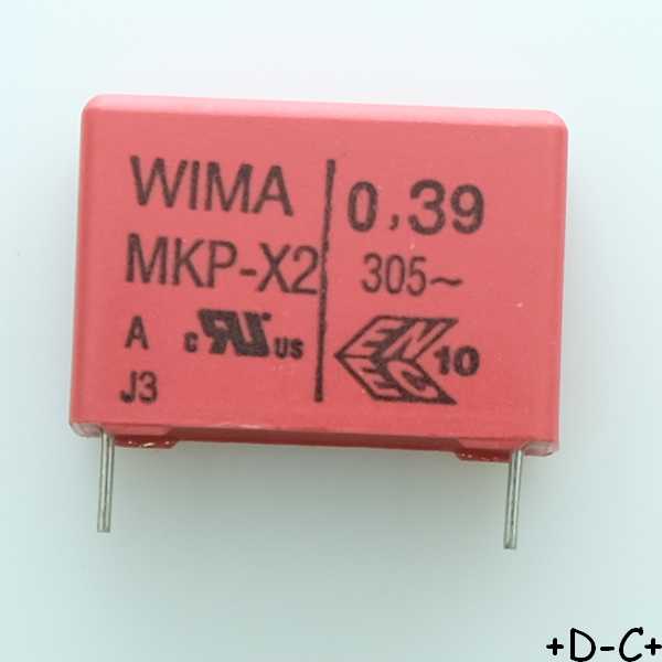 Condensateur film PP MKP-X2 390nF 305VAC 8.5x18.5x26.5mm pas22.5 10% Wima