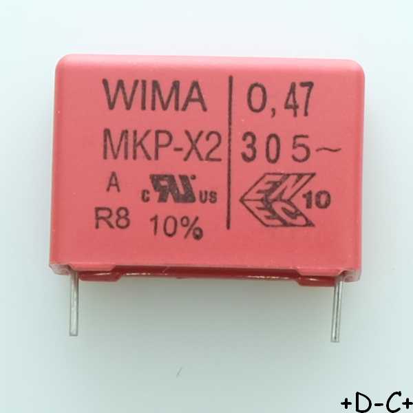Condensateur film PP MKP-X2 470nF 305VAC 8.5x18.5x26.5mm pas22.5 10% Wima