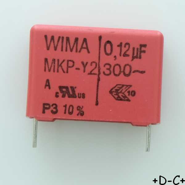 Condensateur RFI PP MKP-Y2 120nF 300VAC 8.5x18.5x26.5mm pas22.5 10% Wima