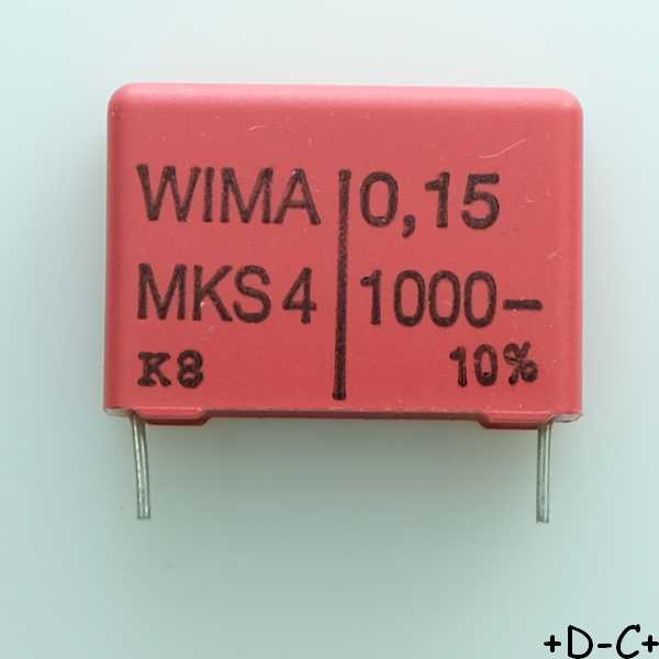 Condensateur film PET MKS4 150nF 1000VDC 400VAC 8.5x18.5x26.5mm pas22.5 10% Wima