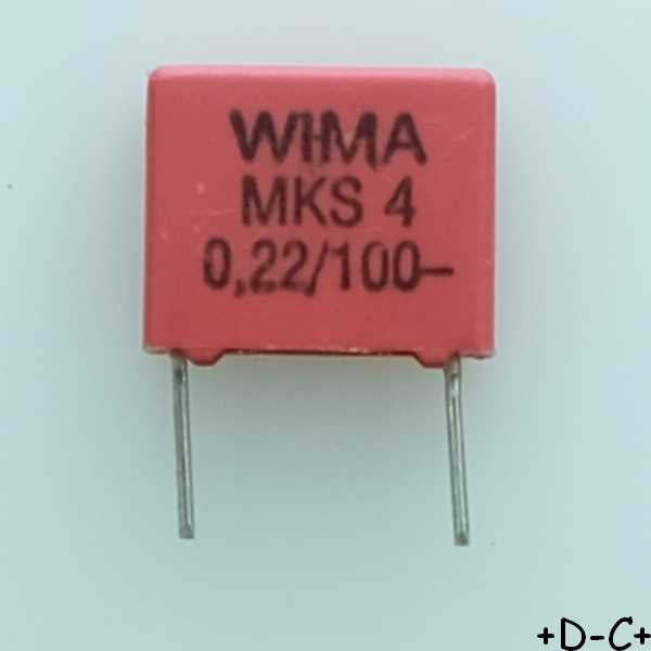 Condensateur film PET MKS4 220nF 100VDC 63VAC 3x8.5x10mm pas7.5 10% Wima