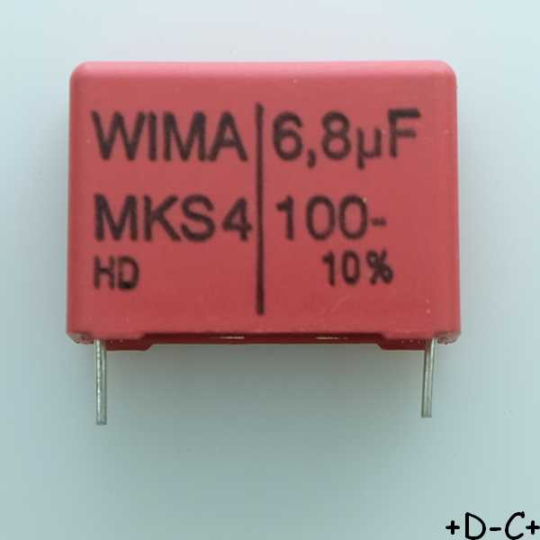 Condensateur film PET MKS4 6.8µF 100VDC 63VAC 10.5x19x26.5mm pas22.5 10% Wima