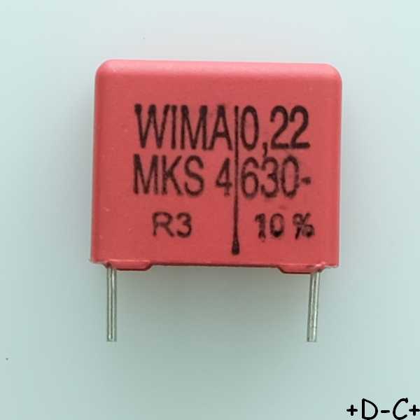Condensateur film PET MKS4 220nF 630VDC 400VAC 8x15x18mm pas15 10% Wima