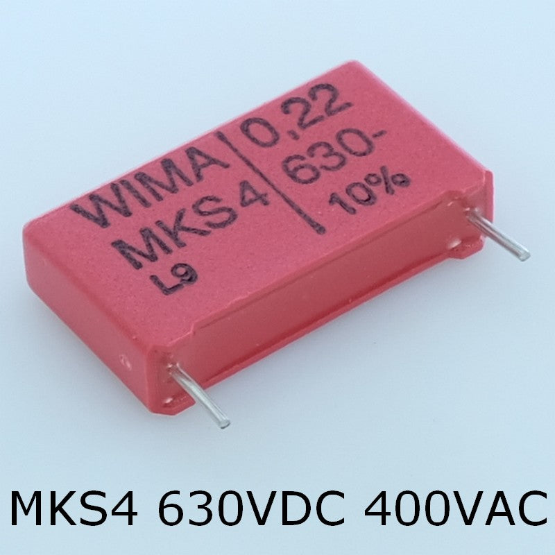 Condensateur film PET MKS4 220nF 630VDC 400VAC 6x15x26.5mm pas22.5 10% Wima