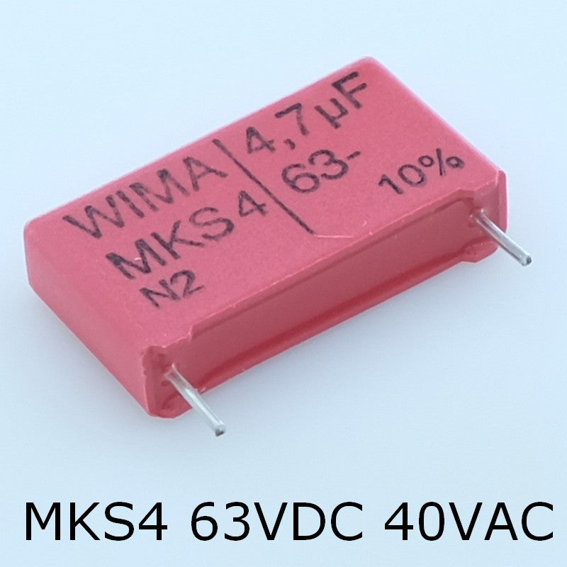 Condensateur film PET MKS4 4.7µF 63VDC 40VAC 6x15x26.5mm pas22.5 10% Wima