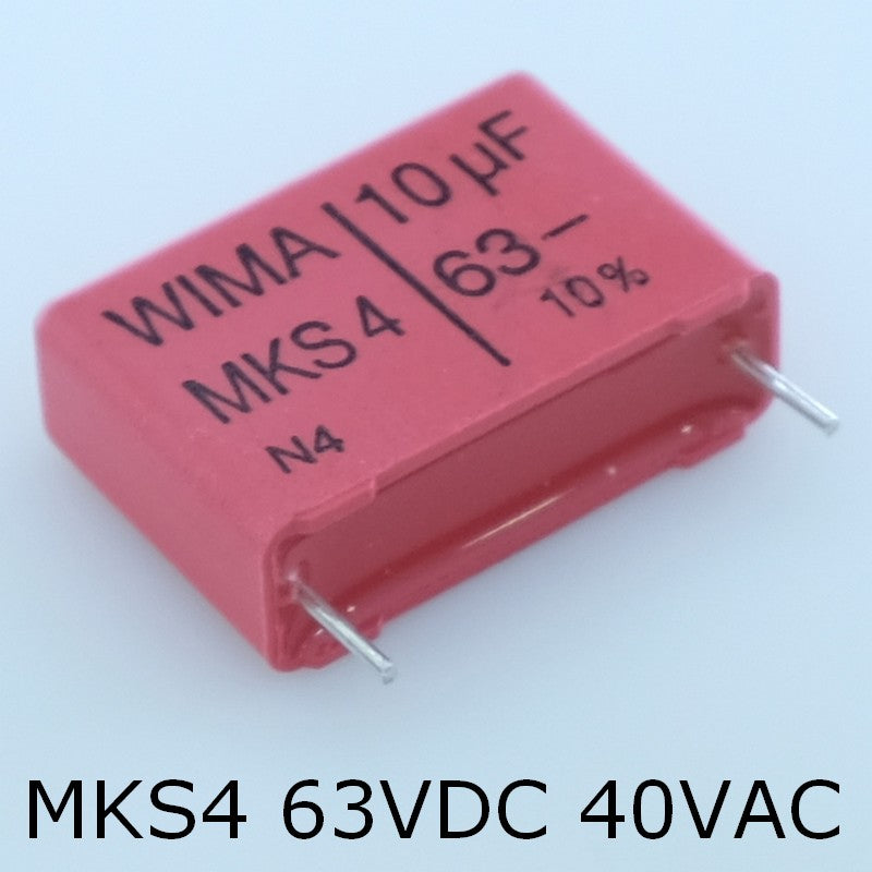 Condensateur film PET MKS4 10µF 63VDC 40VAC 8.5x18.5x26.5mm pas22.5 10% Wima