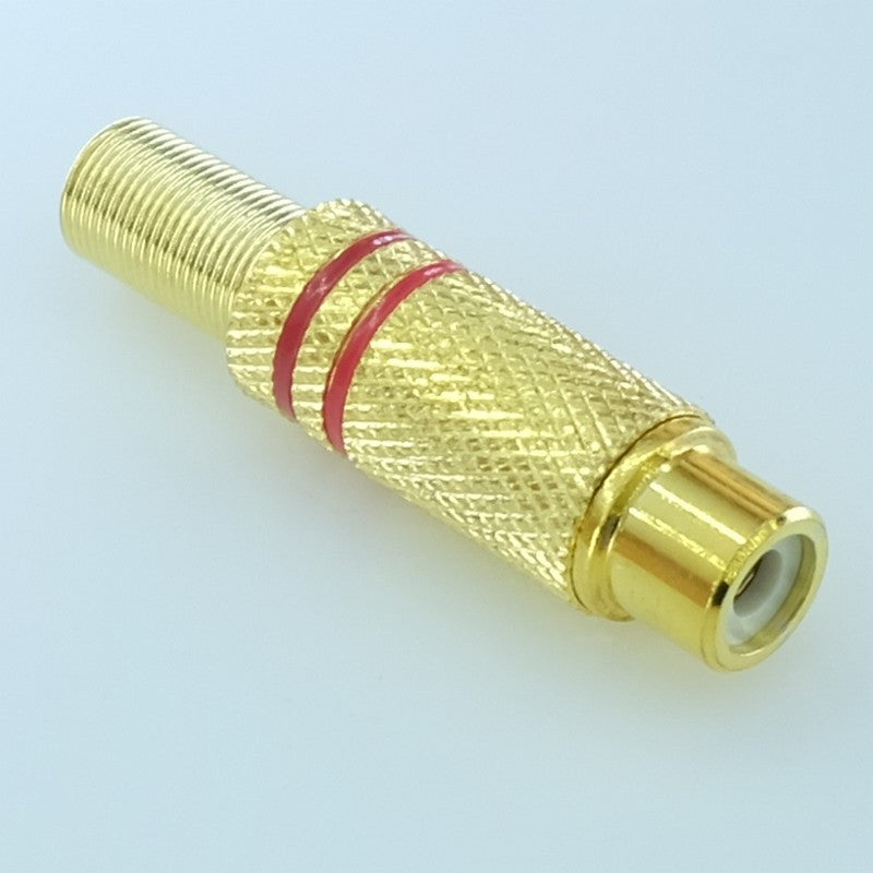 Fiche RCA femelle dorée bague rouge passage cable 6mm