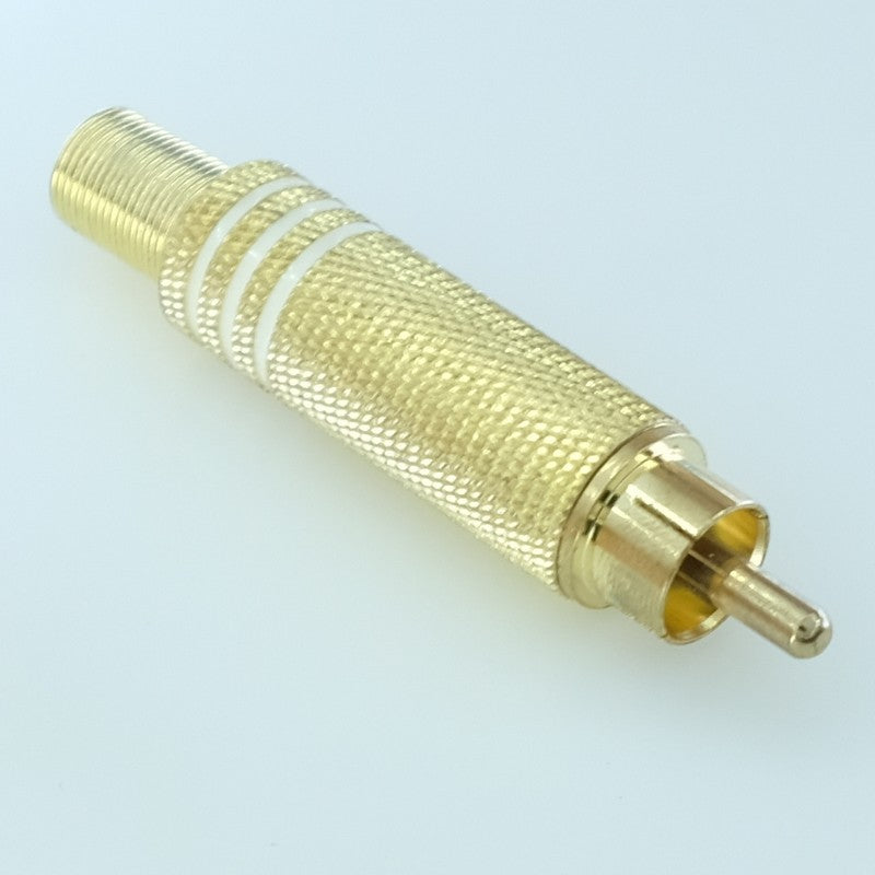 Fiche RCA mâle dorée bague blanche passage cable 6mm