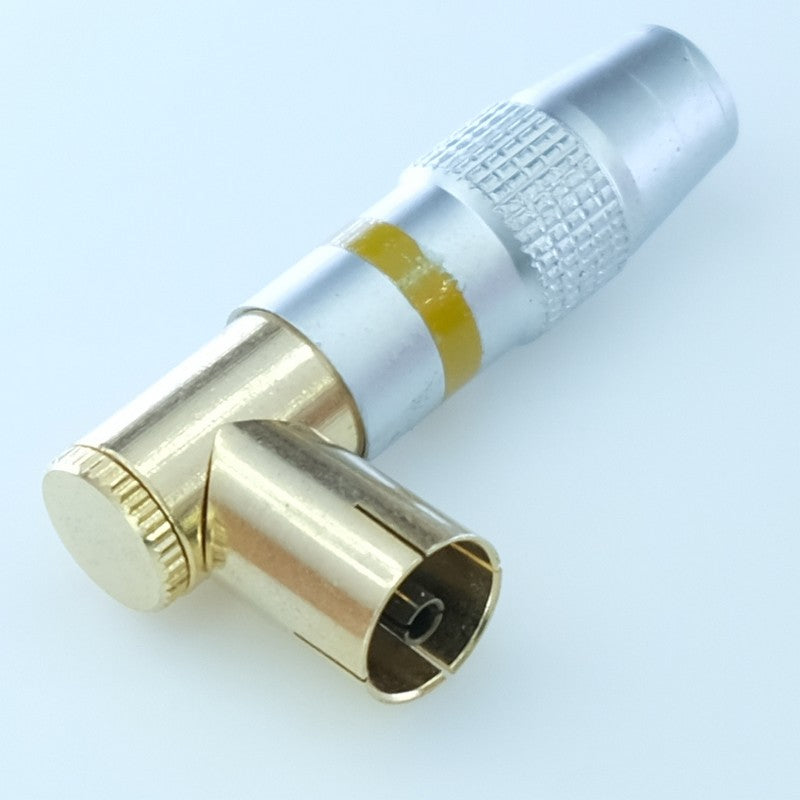 Fiche coaxiale femelle coudée à souder 9.5mm métal HQ