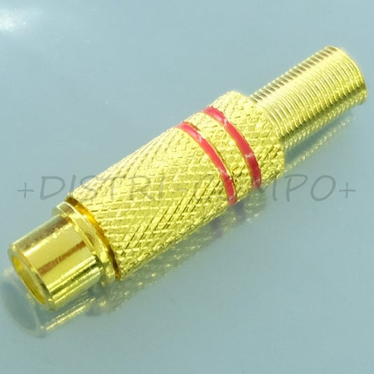 Fiche RCA femelle dorée bague rouge passage cable 5mm