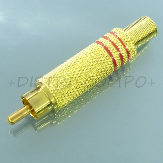 Fiche RCA mâle dorée bague rouge passage cable 6mm