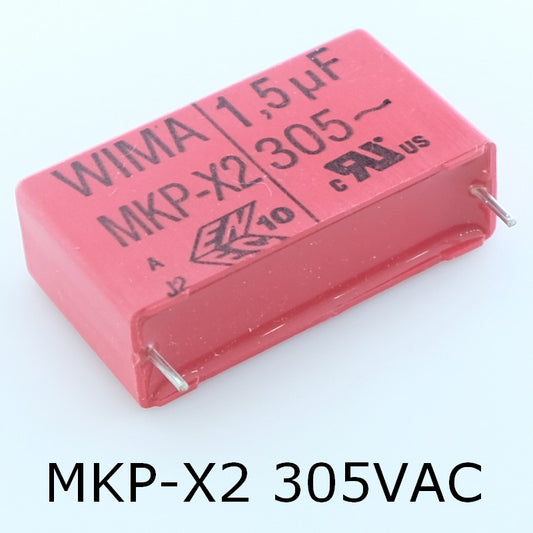 Condensateur film PP MKP-X2 1.5µF 305VAC 13x24x41.5mm pas37.5 10% Wima