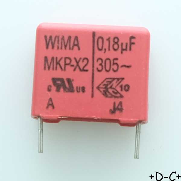 Condensateur film PP MKP-X2 180nF 305VAC 8x15x18mm pas15 10% Wima