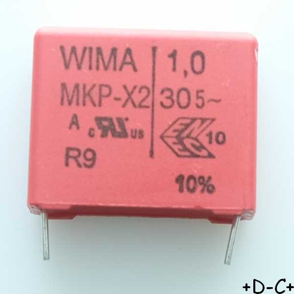 Condensateur film PP MKP-X2 1µF 305VAC 13x24x31.5mm pas27.5 10% Wima