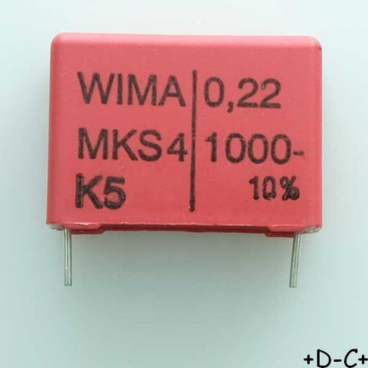 Condensateur film PET MKS4 220nF 1000VDC 400VAC 10.5x19x26.5mm pas22.5 10% Wima