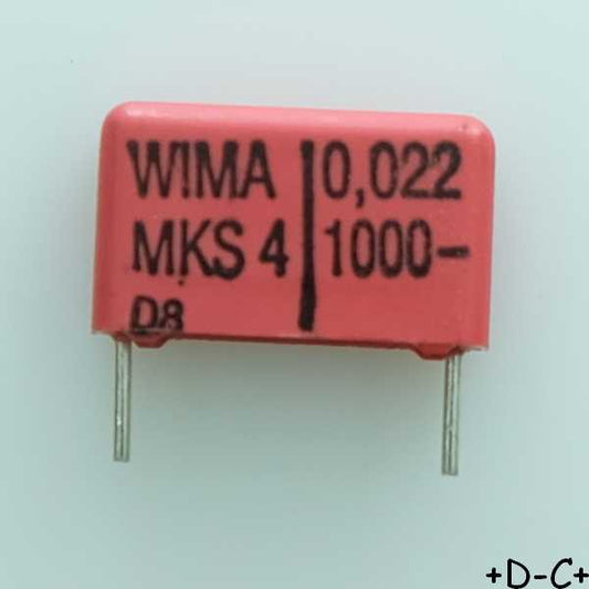 Condensateur film PET MKS4 22nF 1000VDC 400VAC 5x11x18mm pas15 10% Wima