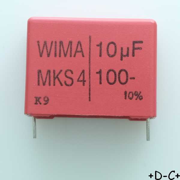 Condensateur film PET MKS4 10µF 100VDC 63VAC 13x24x31.5mm pas27.5 10% Wima