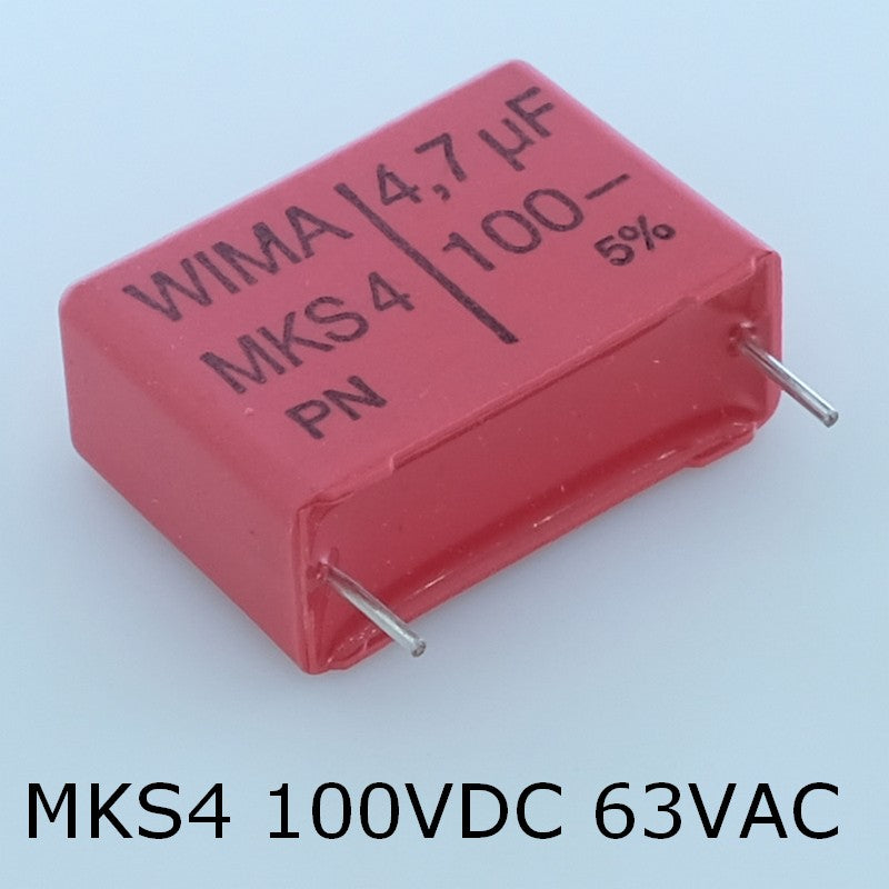 Condensateur film PET MKS4 4.7µF 100VDC 63VAC 10.5x19x26.5mm pas22.5 5% Wima - Distri-Compo