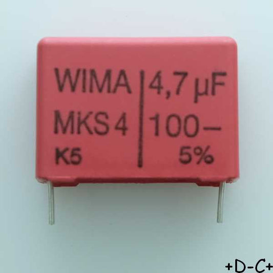 Condensateur film PET MKS4 4.7µF 100VDC 63VAC 10.5x19x26.5mm pas22.5 5% Wima