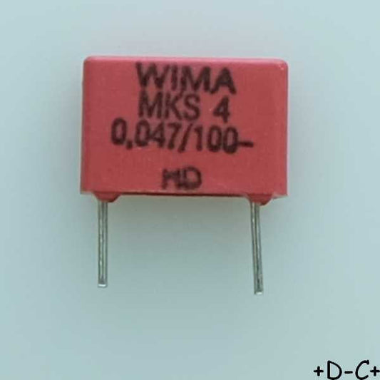 Condensateur film PET MKS4 47nF 100VDC 63VAC 2.5x7x10mm pas7.5 10% Wima