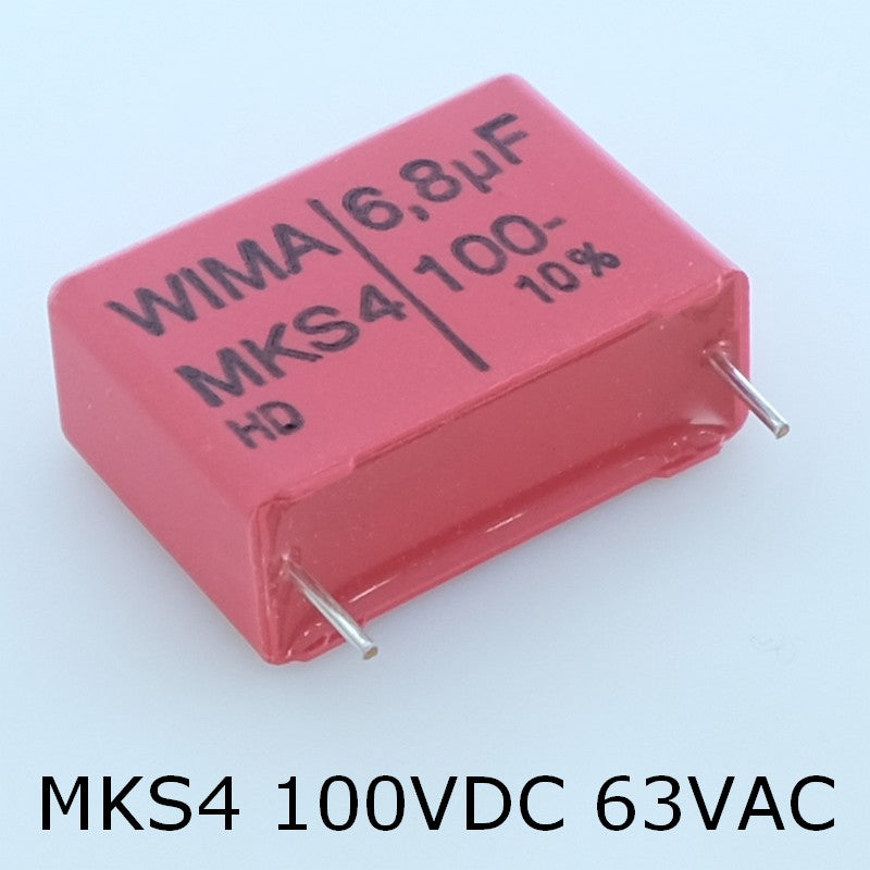 Condensateur film PET MKS4 6.8µF 100VDC 63VAC 10.5x19x26.5mm pas22.5 10% Wima - Distri-Compo