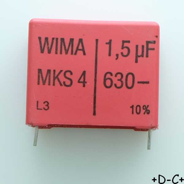 Condensateur film PET MKS4 1.5µF 630VDC 400VAC 15x26x31.5mm pas27.5 10% Wima