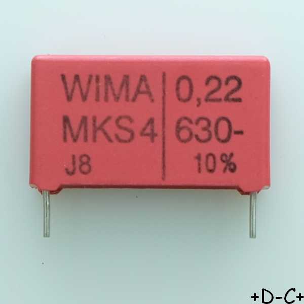 Condensateur film PET MKS4 220nF 630VDC 400VAC 6x15x26.5mm pas22.5 10% Wima