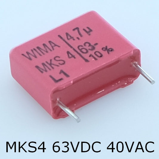 Condensateur film PET MKS4 4.7µF 63VDC 40VAC 7x14x18mm pas15 10% Wima