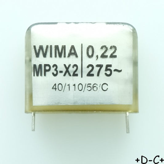 Condensateur MP3-X2 220nF 275Vac 10x22x28mm pas22.5 Wima