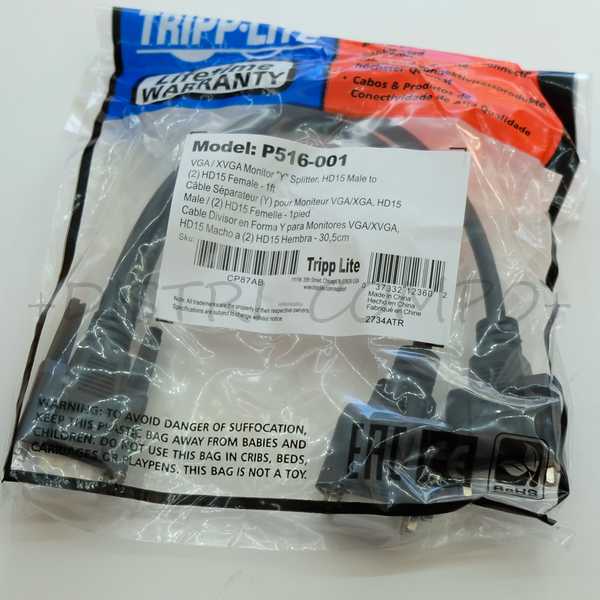Cordon VGA HD15 mâle vers 2x HD15 femelle 0.31M P516-001 Tripp-Lite - Distri-Compo