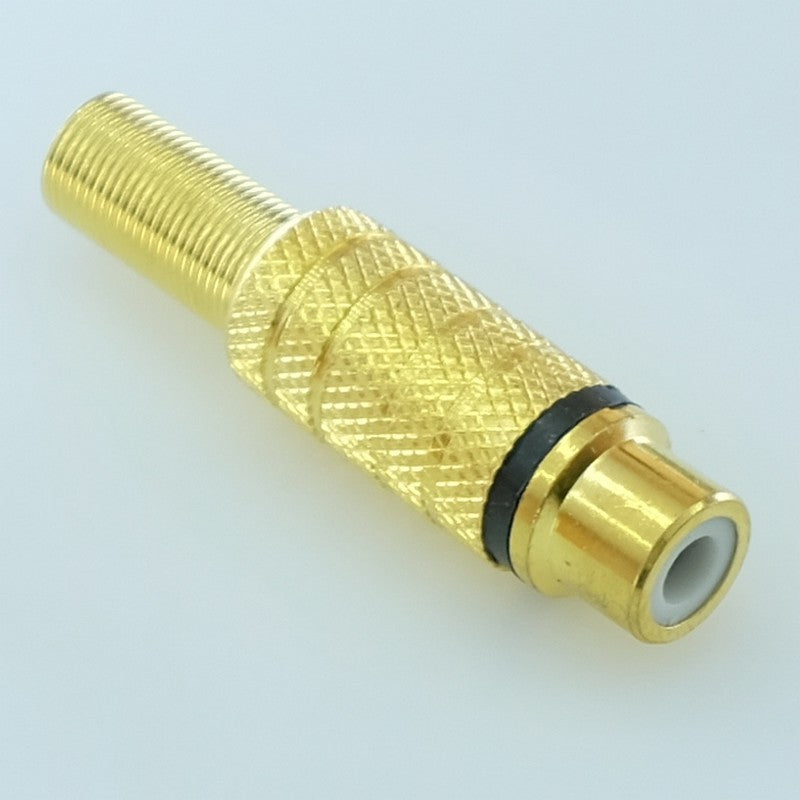 Fiche RCA femelle dorée bague noire passage cable 5mm