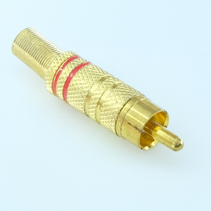Fiche RCA mâle dorée bague rouge passage cable 5mm