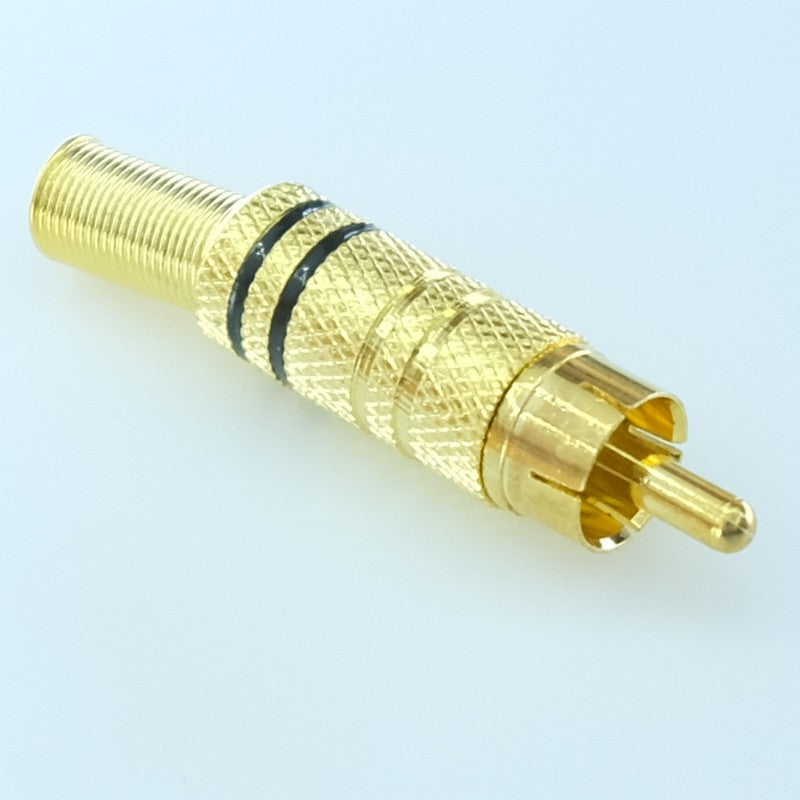 Fiche RCA mâle dorée bague noire passage cable 5mm