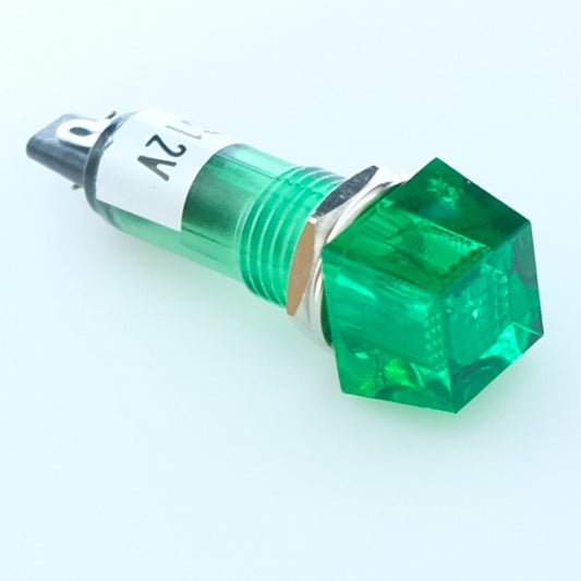 Voyant néon 12VDC vert perçage 10mm carré 12x12mm